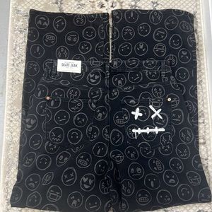 Gemma Rae Emoji Print Black Skater‎ Baggy Wide Leg High Waisted Jeans Sz 32
